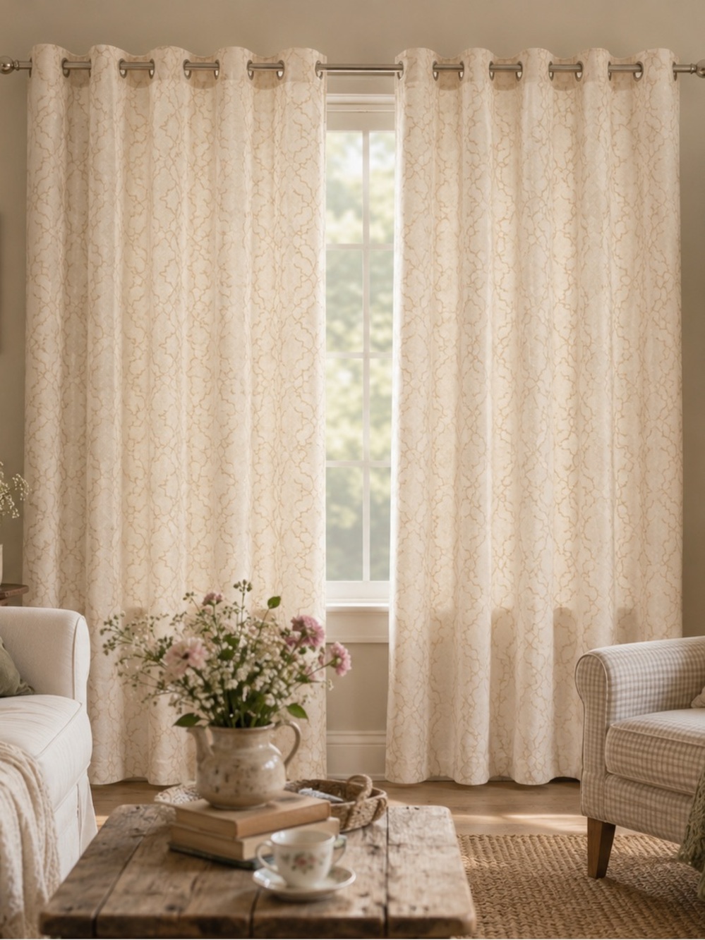 NWT - Neutral Cream Patterned Lace - Grommet Top Curtains